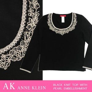 AK Anne Klein Black Knit Top With Pearl Embellishment Size S